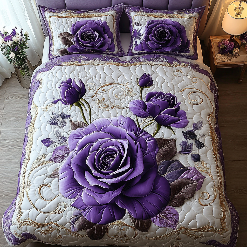 Purple Rose 3-Piece Quilted Bedding Set