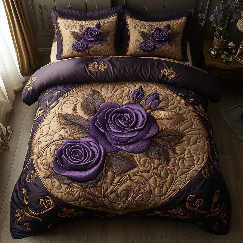Purple Rose 3-Piece Quilted Bedding Set