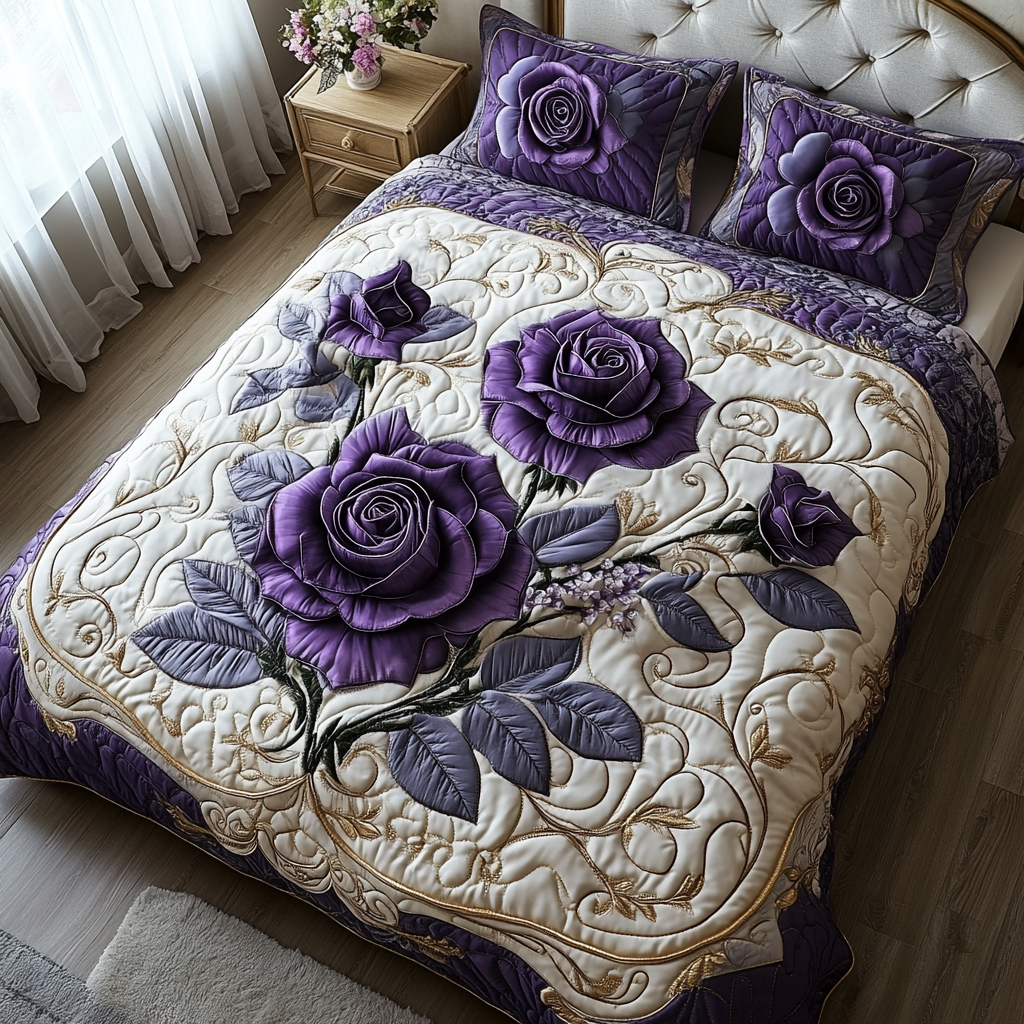 Purple Rose 3-Piece Quilted Bedding Set