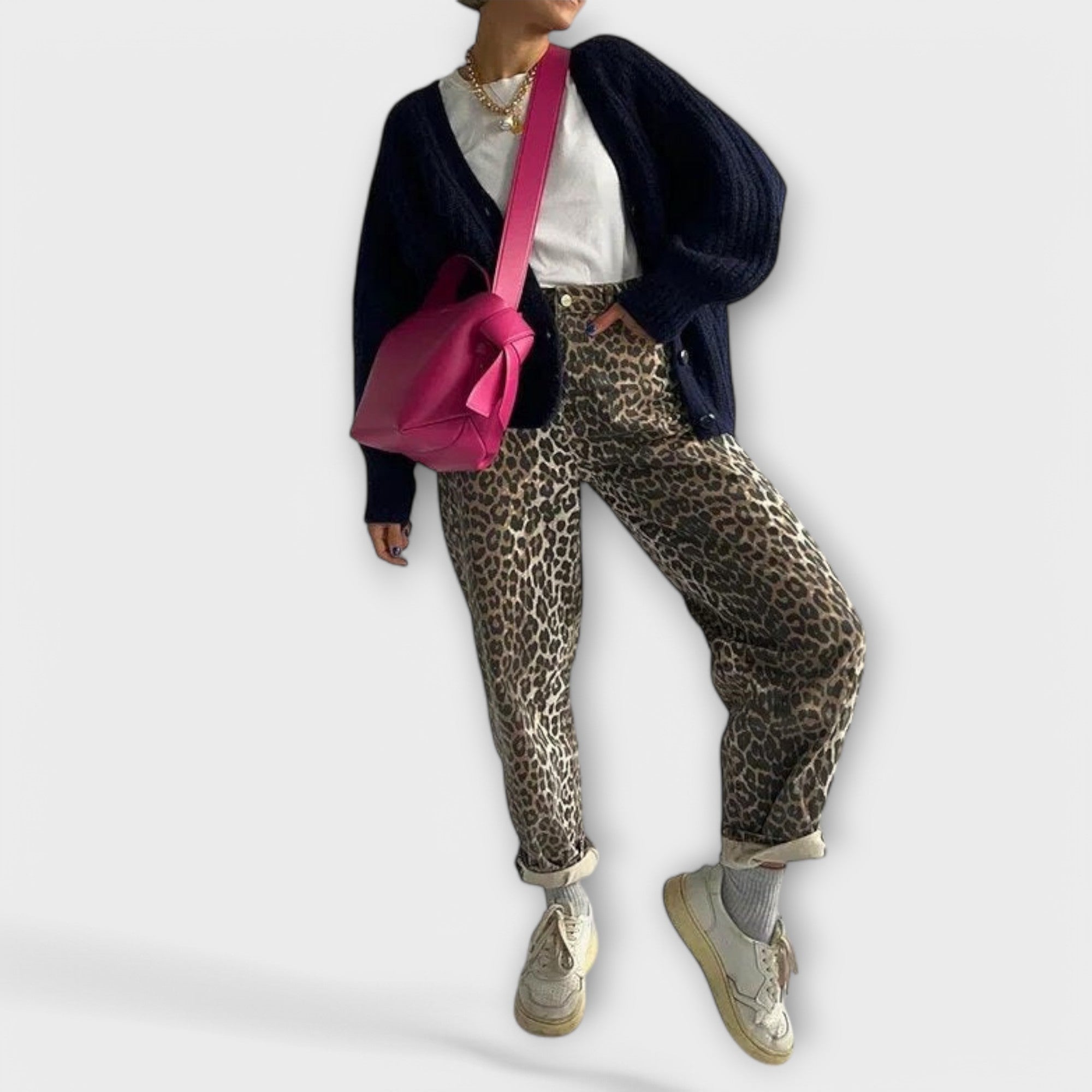 Carina - Vintage Denim Pants with Leopard Print