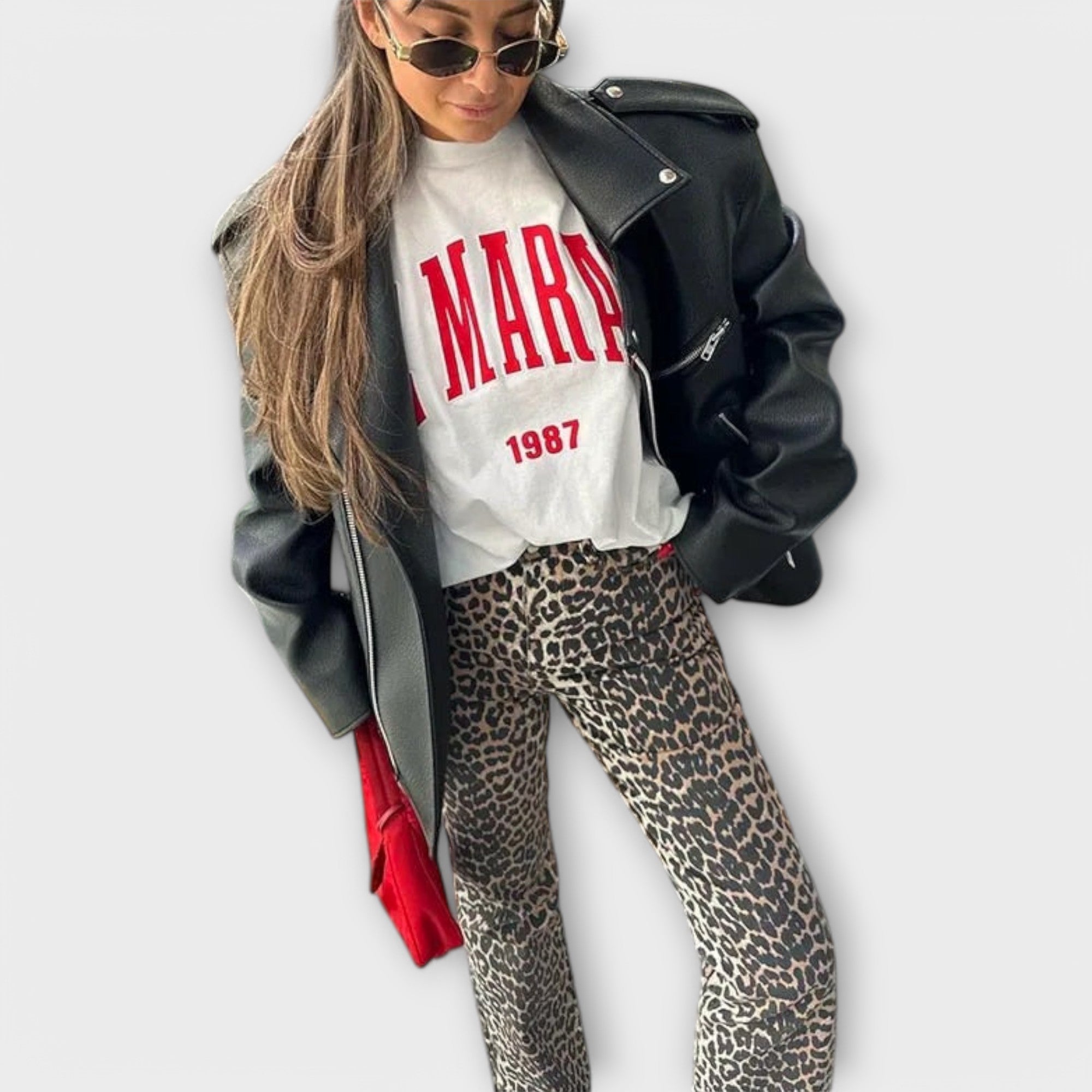 Carina - Vintage Denim Pants with Leopard Print