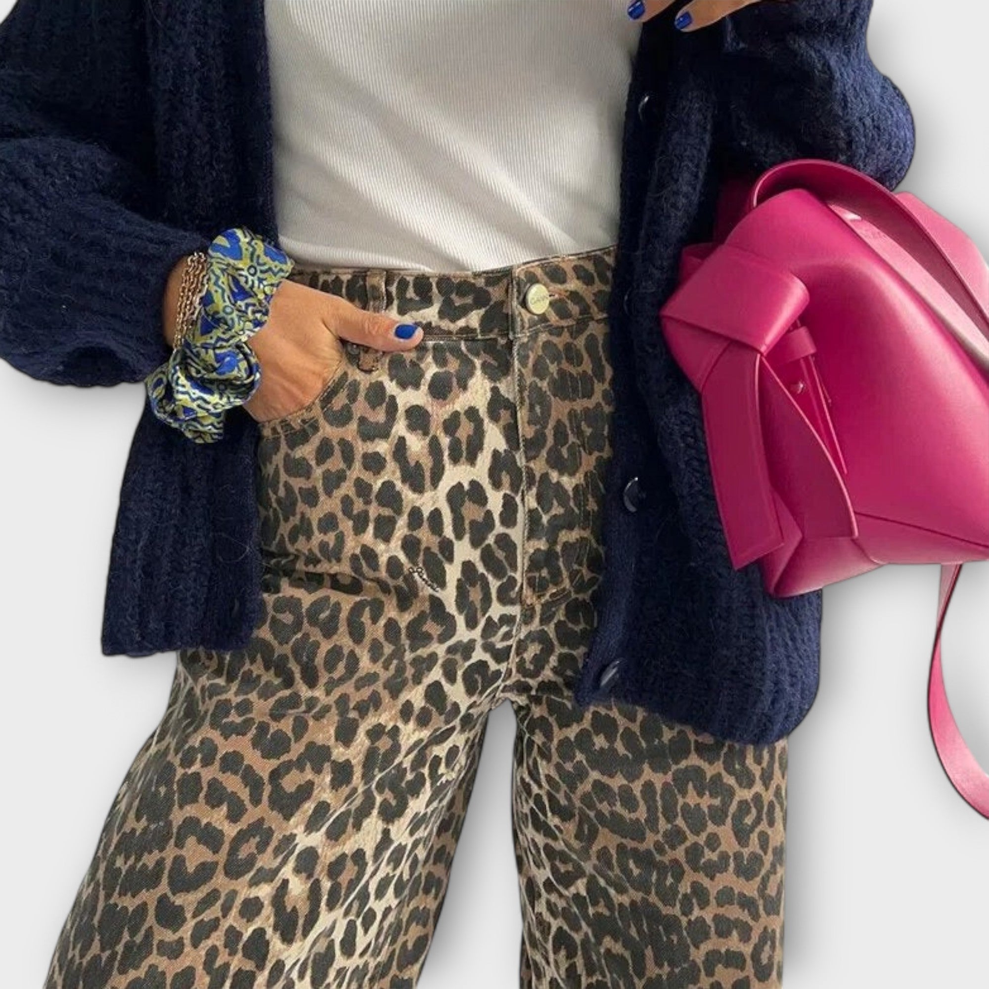 Carina - Vintage Denim Pants with Leopard Print