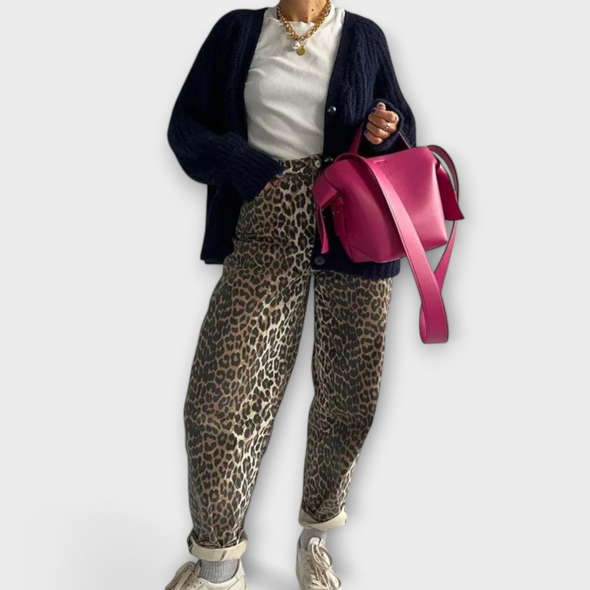 Carina - Vintage Denim Pants with Leopard Print