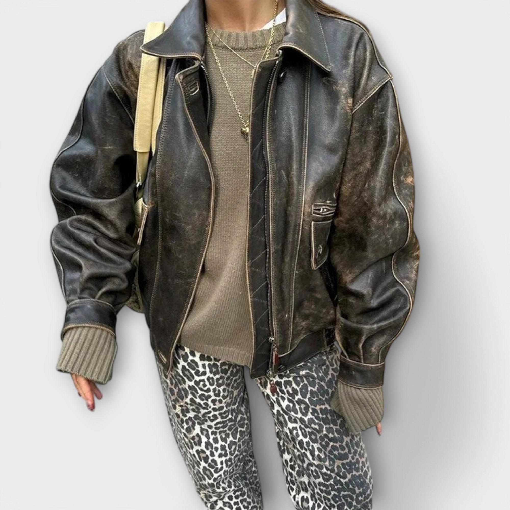 Carina - Vintage Denim Pants with Leopard Print
